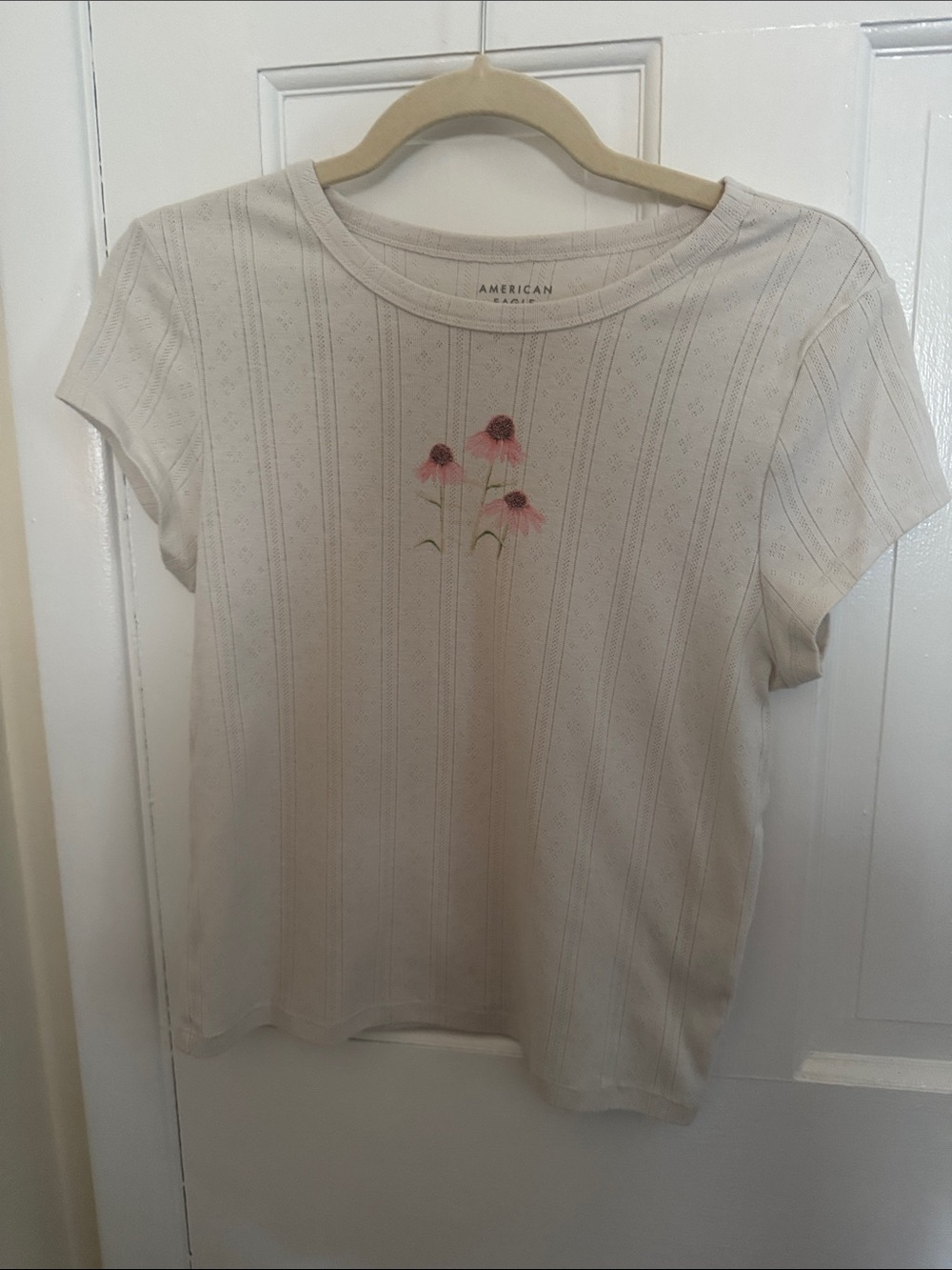 American Eagle Outfitters Cream Short-Sleeve Tee with Pink Flowers
